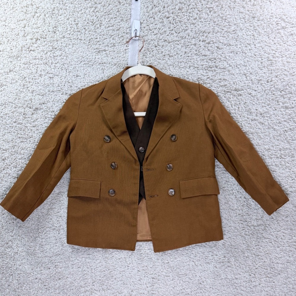 Boys Vintage 2 Piece Blazer Vest Set Brown Tan Double Breasted Formal Suit